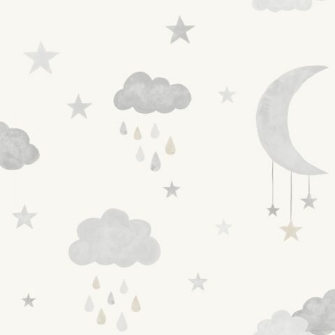 Dutch Wallcoverings - Little Kids- Moon & Stars grijs/wit JS2211